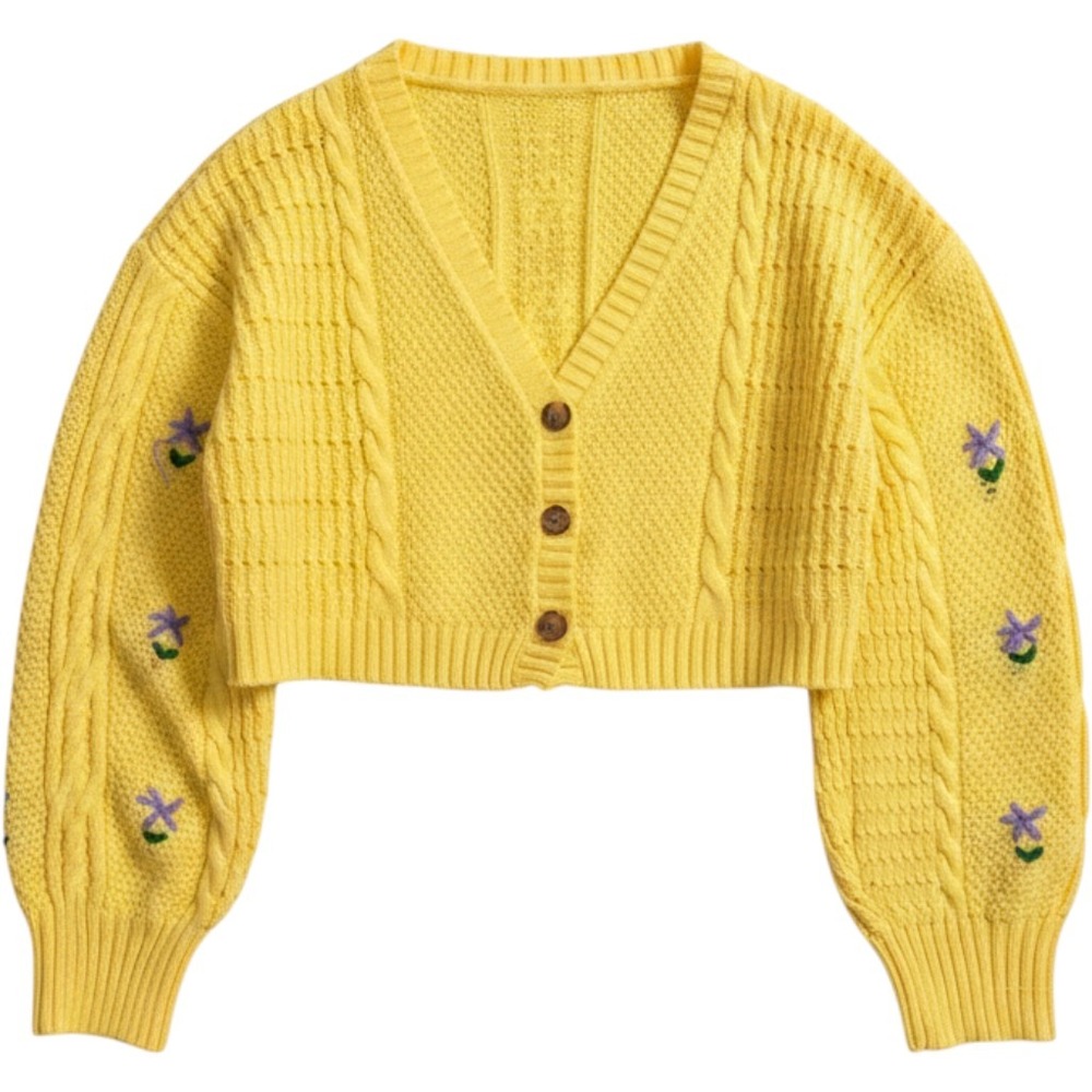 SHEIN Yellow Cropped Cable Knit Cardigan Purple Floral Embroidered Sleeve Small